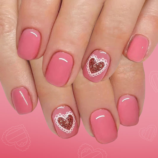 Love Story Elegant Short Square Mid-Length Shimmering Blush Pink Nail Set with Heart Detail