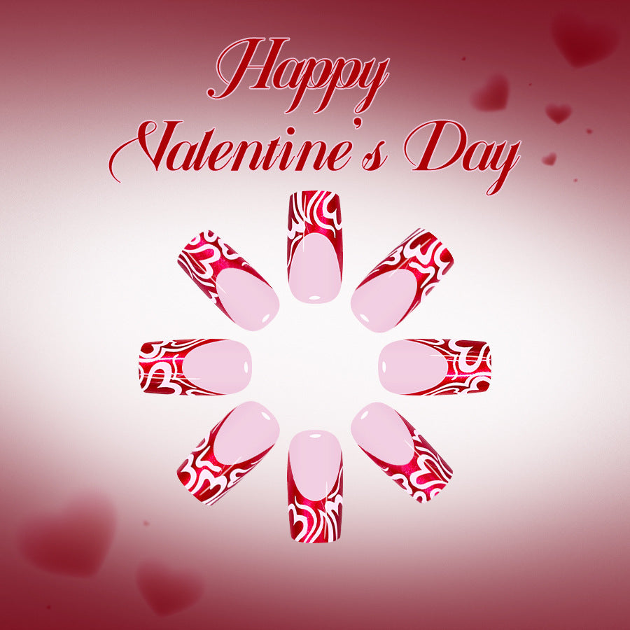 Romantic Elegance Long Square Red and Pink Heart Design Press-On Nail Set