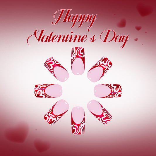 Romantic Elegance Long Square Red and Pink Heart Design Press-On Nail Set