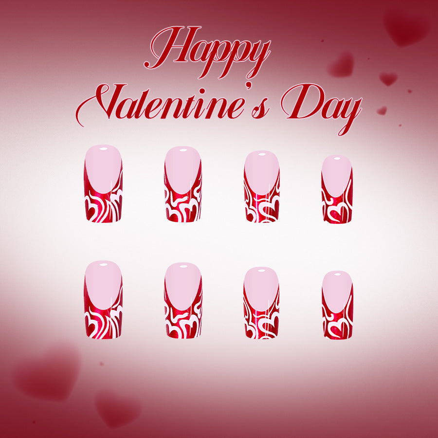 Love Inspired Heart Long Square Red and Pink Press On Nail Set with Intricate Heart Patterns