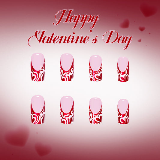 Love Inspired Heart Long Square Red and Pink Press On Nail Set with Intricate Heart Patterns