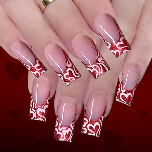 Romantic Elegance Long Square Red and Pink Heart Pattern Press On Nail Set