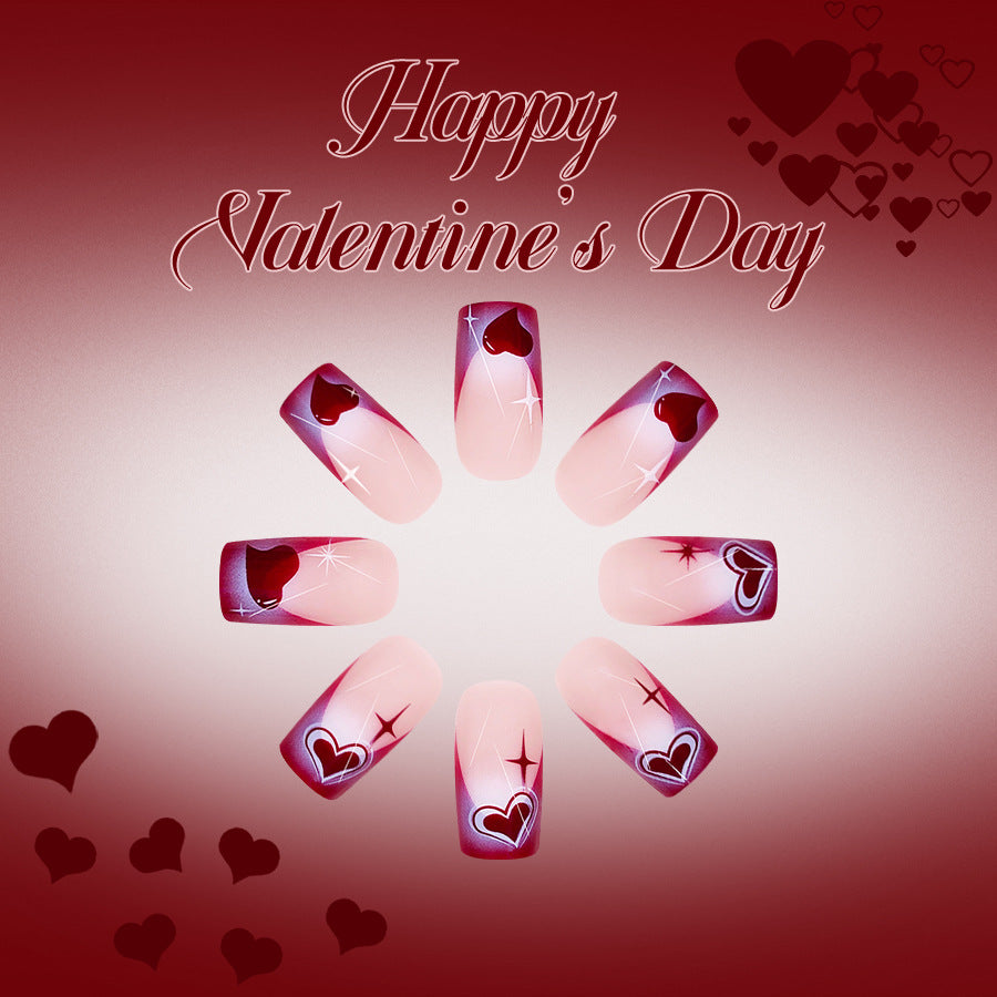 Romantic Valentine Theme Long Square Pink Ombre Nail Set with Heart Accents