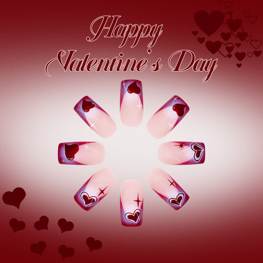 Romantic Valentine Theme Long Square Pink Ombre Nail Set with Heart Accents