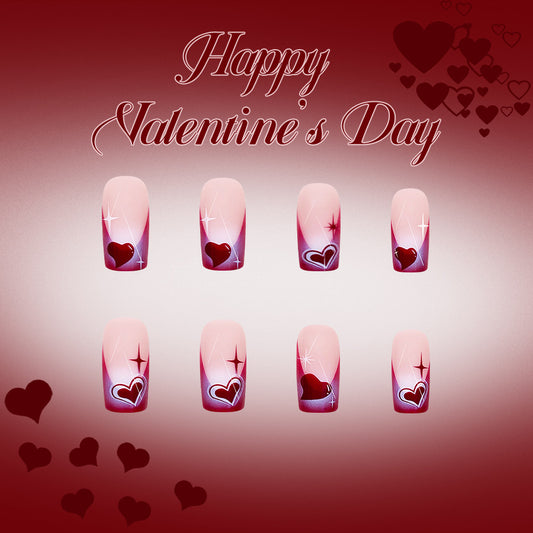 Romantic Bliss Long Square Soft Pink with Heart Patterns Press On Nail Set