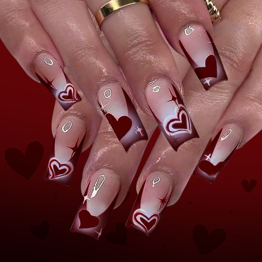 Romantic Elegance Long Square Burgundy and Pink Ombre with Heart Design Press-On Nail Set