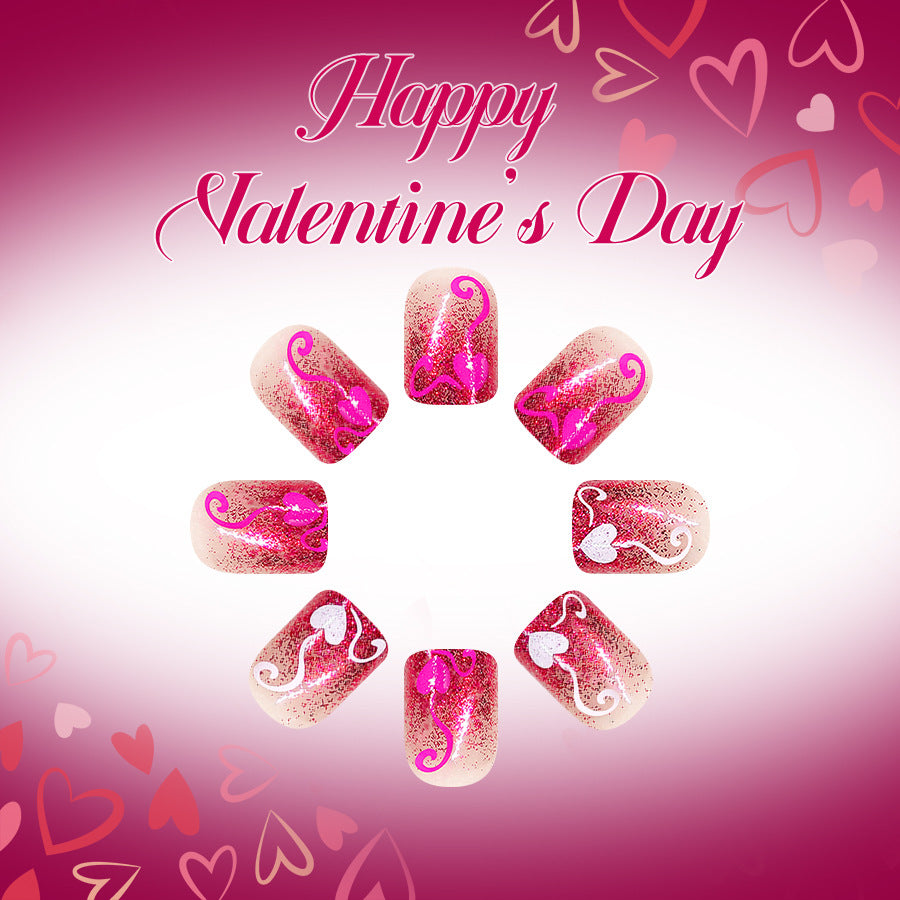 Romantic Glamour Short Square Pink and Glittery Nail Press Set with Heart Designs