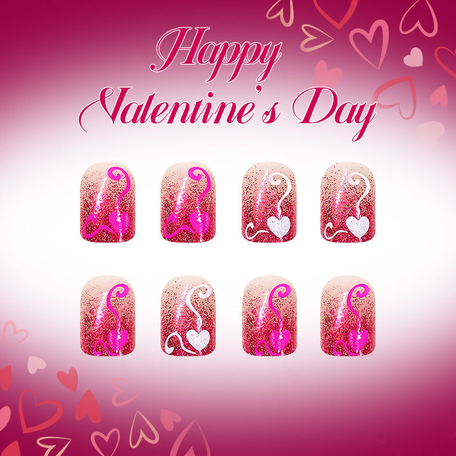 Romantic Heartfelt Short Square Pink Sparkling Nail Set with Whimsical Design