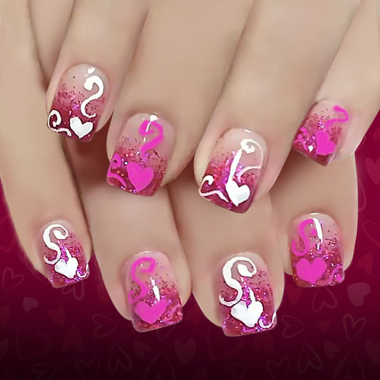 Romantic Charm Short Square Pink Ombre Press on Nail Set with Heart and Swirl Accents