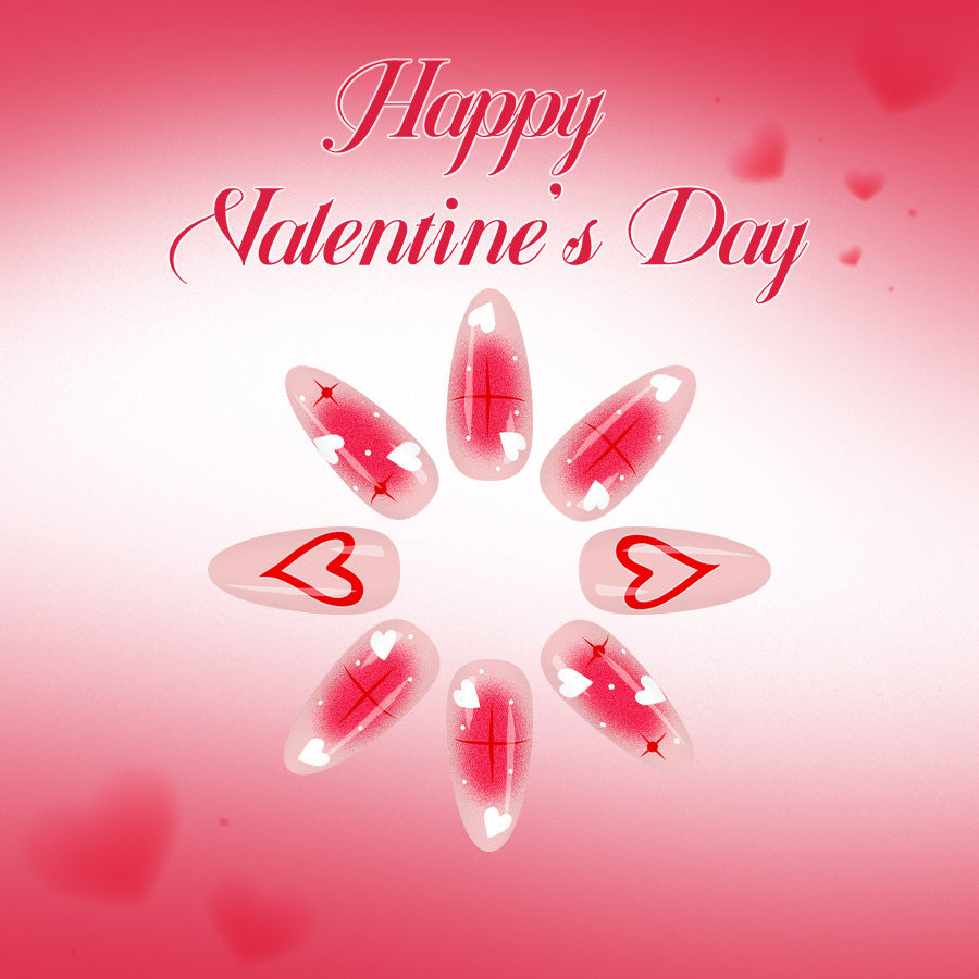 Romantic Heart Shaped Long Almond Press On Nail Set in Elegant Pink with Sparkling Love Details