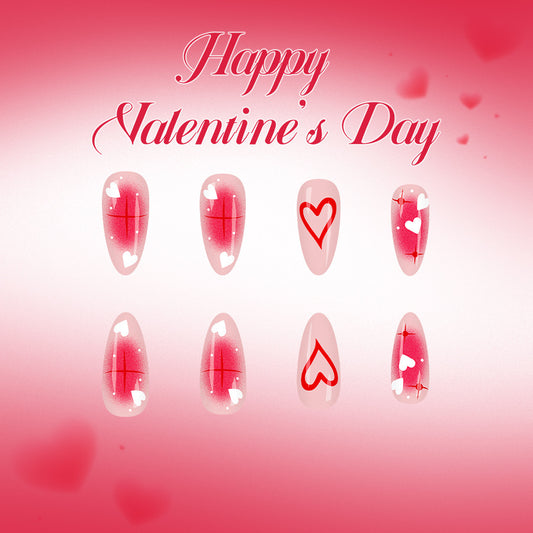 Romantic Heart Design Long Almond Shaped Pink Press On Nail Set with Shimmering Love Accents