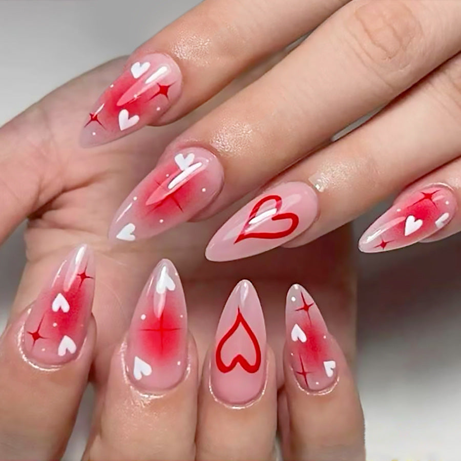 Romantic Love Heart Long Almond Pink Ombre Press On Nail Set with Dazzling Glitter Accents