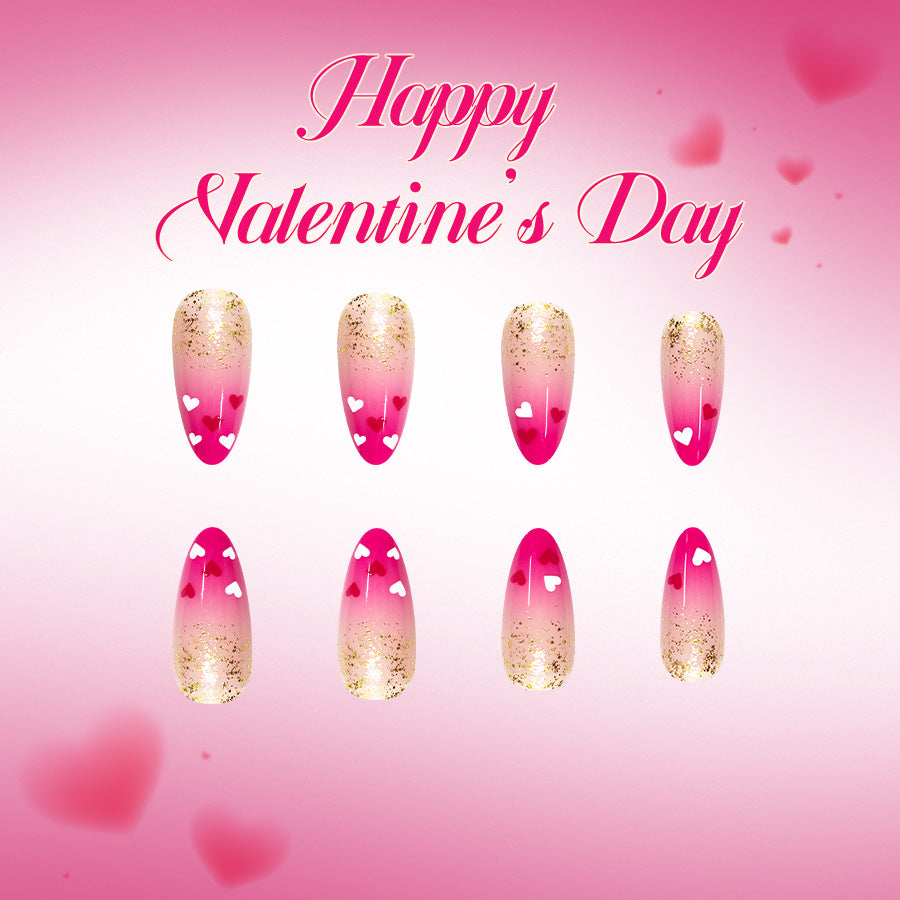 Romantic Elegance Long Almond Pink Ombre with Heart Designs and Glitter Press On Nail Set