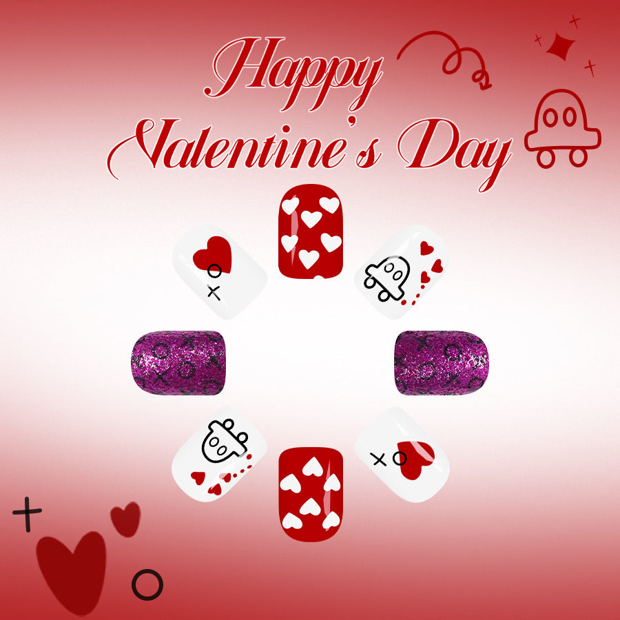Romantic Valentine’s Day Short Square Red and White Heart Themed Press On Nail Set with Glitter Accents