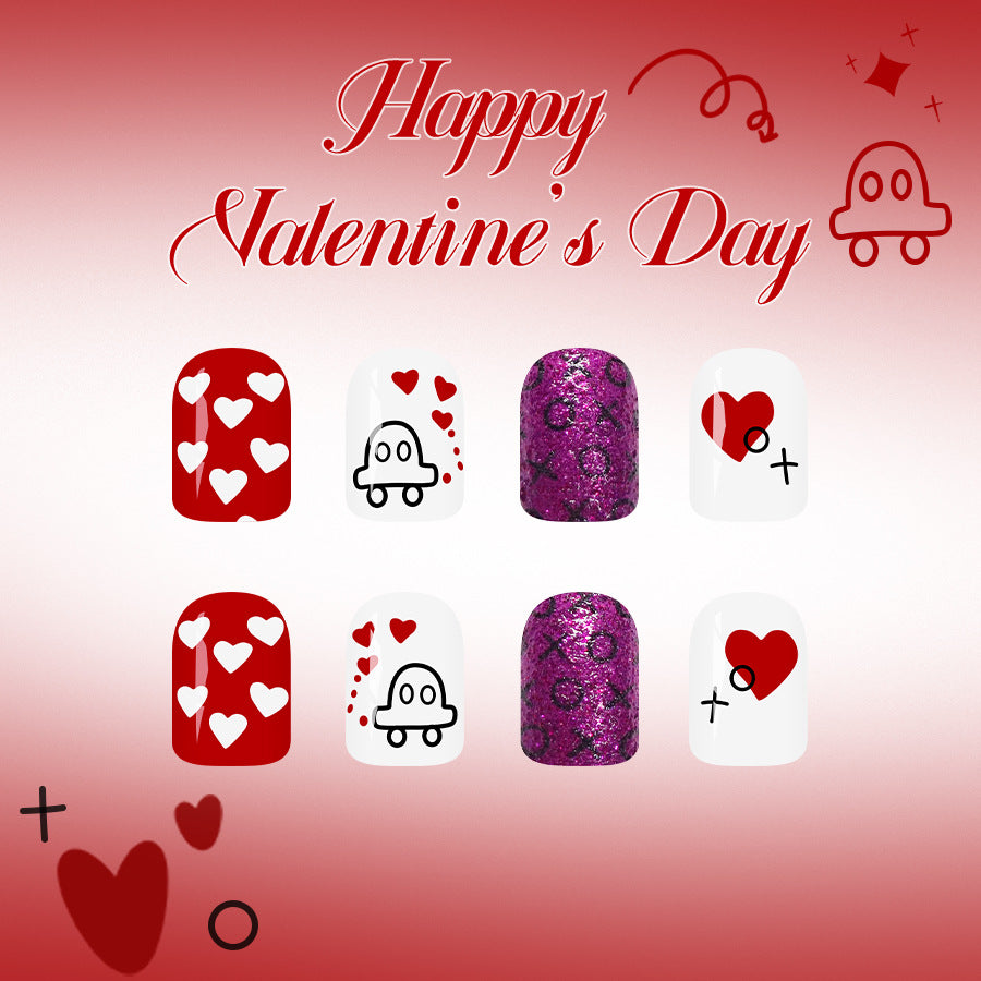Romantic Heart Theme Glossy Short Length Square Red and White Design with Sparkling Purple Accent Press On Nail Set