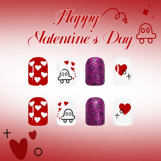 Romantic Heart Theme Glossy Short Length Square Red and White Design with Sparkling Purple Accent Press On Nail Set