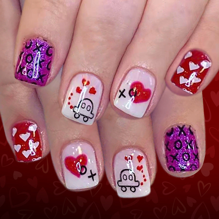 Love Story Short Square Shaped Colorful Hearts and Glittery Designs Press On Nail Set