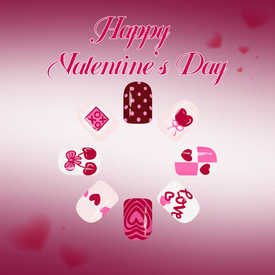 Cupid's Delight Charming Short Square Pink Press On Nail Set with Playful Heart Designs