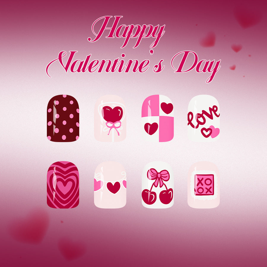 Valentine's Day Whimsical Heart Short Square Pink and Burgundy Press On Nail Set Featuring Adorable Love Themes