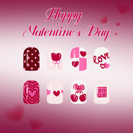 Valentine's Day Whimsical Heart Short Square Pink and Burgundy Press On Nail Set Featuring Adorable Love Themes