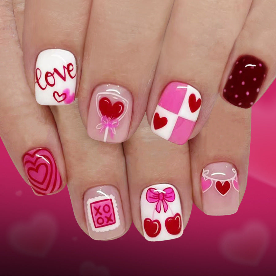 Love Story Short Square Pink and Red Press On Nail Set with Heartfelt Designs