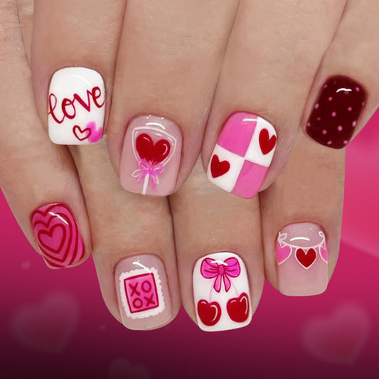 Love Story Short Square Pink and Red Press On Nail Set with Heartfelt Designs