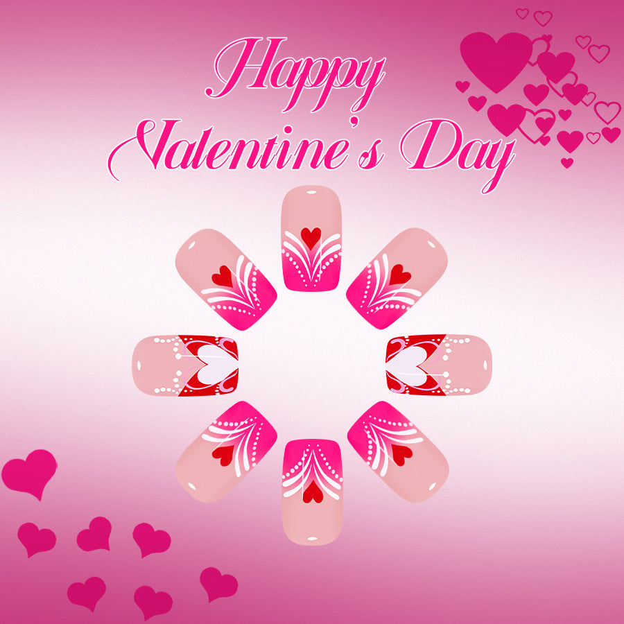 Romantic Heart Theme Medium Square Pink and Red Nail Set with Elegant Love Motifs