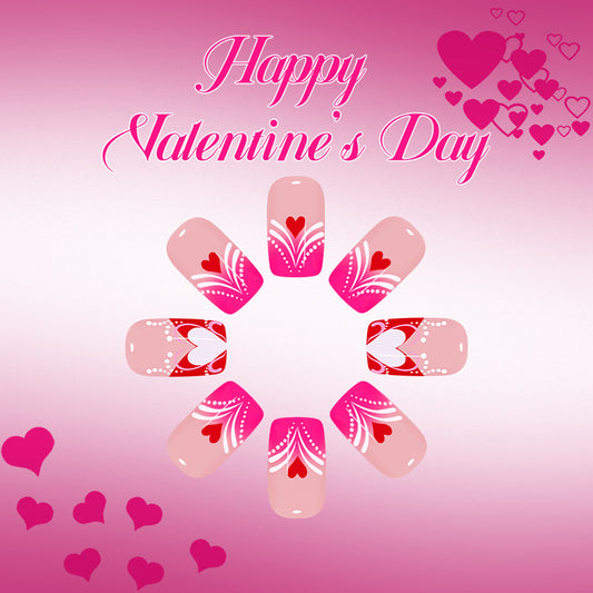 Romantic Heart Theme Medium Square Pink and Red Nail Set with Elegant Love Motifs