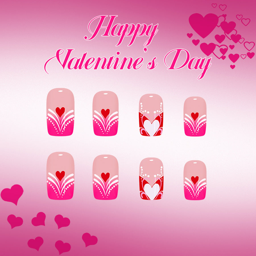 Romantic Blossom Medium Square Pink Heart Design Nail Set