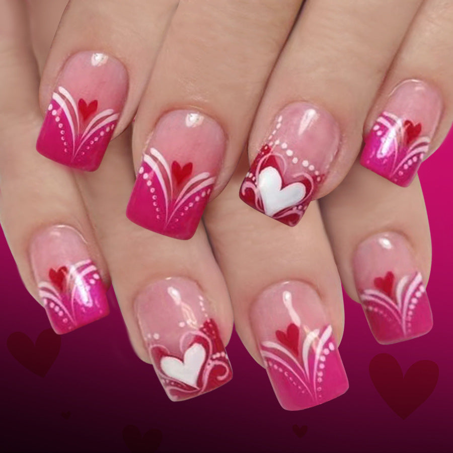 Romantic Heart Theme Medium Square Pink Press On Nail Set with Charming Red Heart Designs