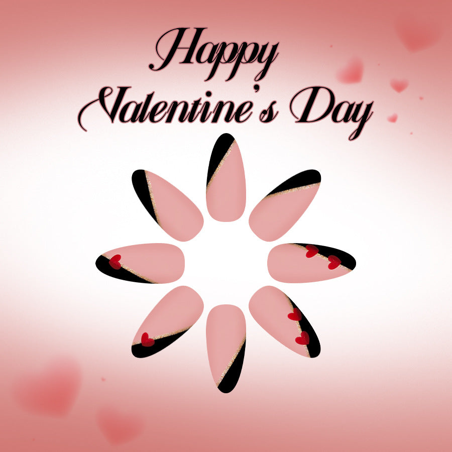 Romantic Elegance Long Almond Pink with Black Accent and Heart Detailing Press On Nail Set