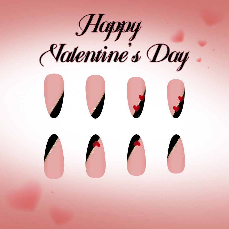 Romantic Heartfelt Long Almond Pink and Black Press On Nail Set with Stunning Heart Accents