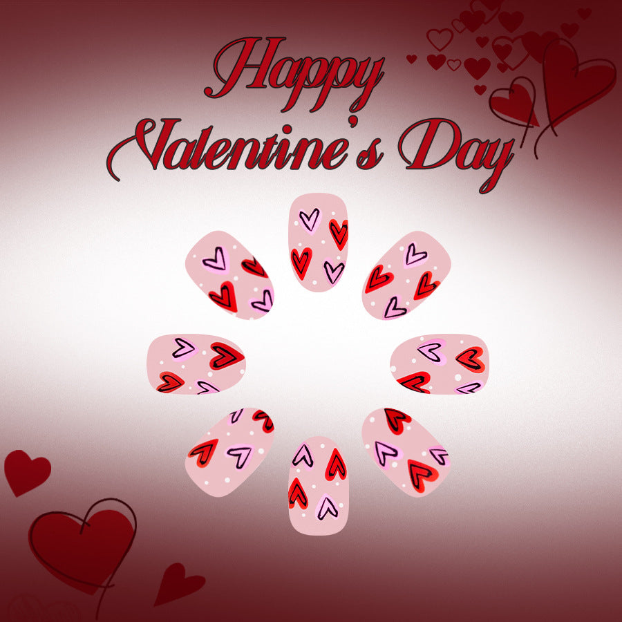 Romantic Love Heart Medium Oval Pink and Red Press On Nail Set with Whimsical Heart Patterns