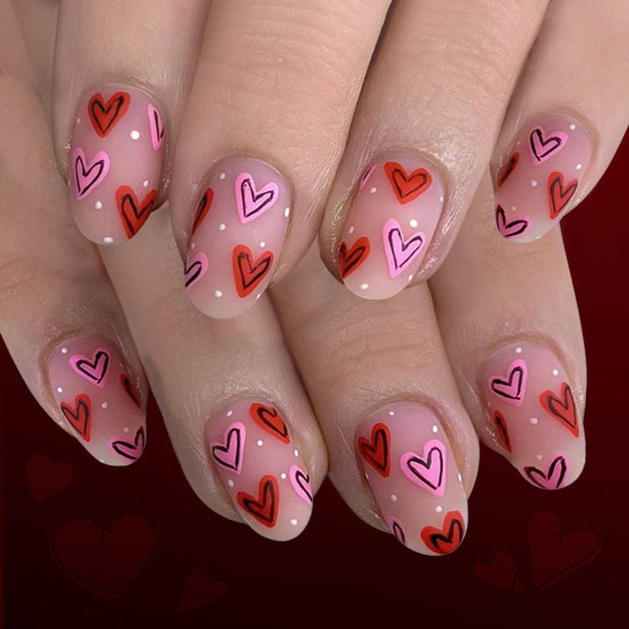 Love Inspired Medium Oval Pink and Red Heart Press-On Nail Set with Dainty White Dots