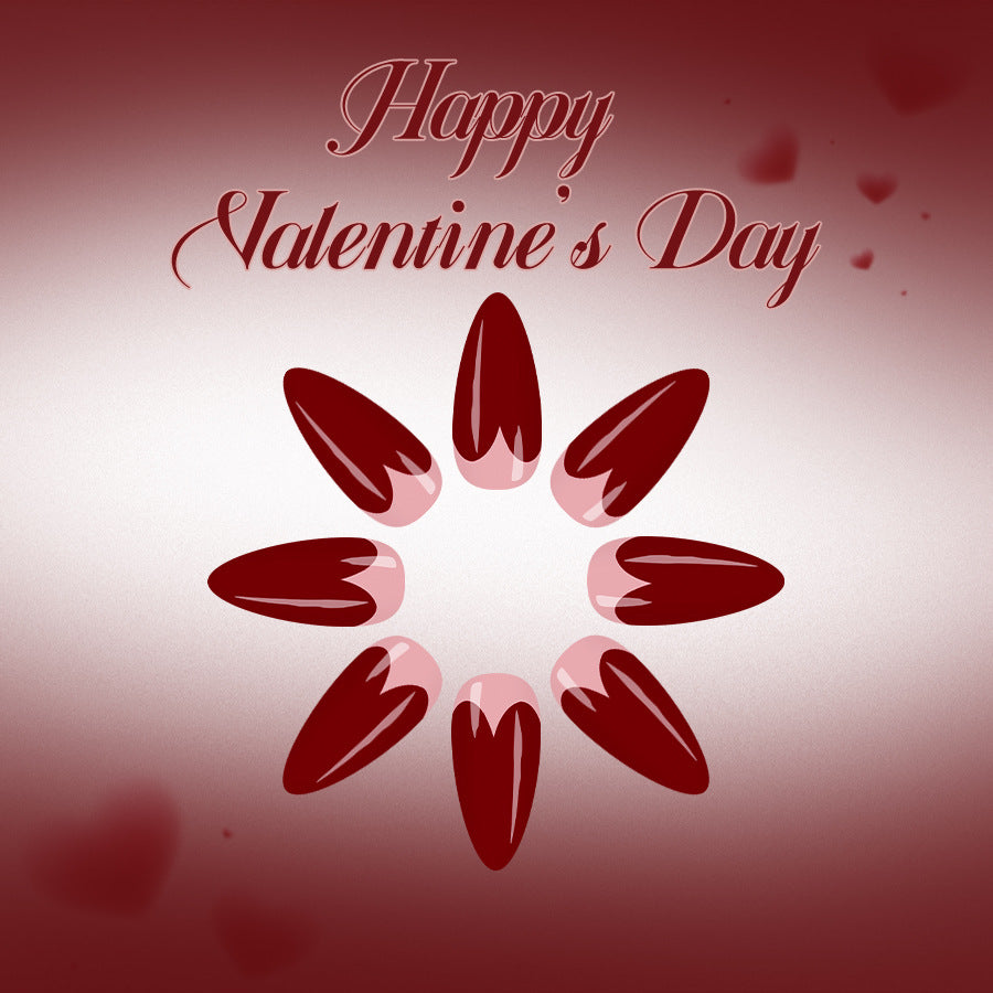 Enchanting Love Heart Press On Nails Long Almond Red Gradient Design with Shimmering Finish