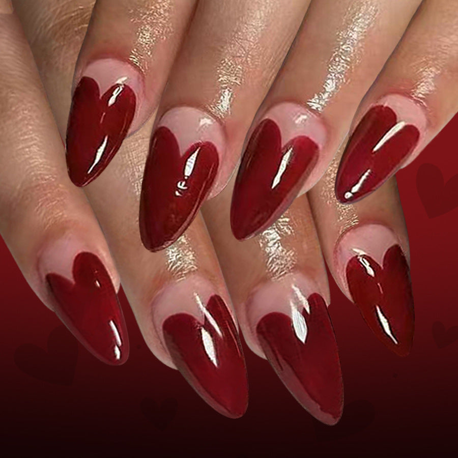 Romantic Elegance Long Almond Red Heart Press-On Nail Set with Glossy Finish
