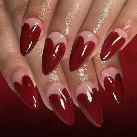 Romantic Elegance Long Almond Red Heart Press-On Nail Set with Glossy Finish