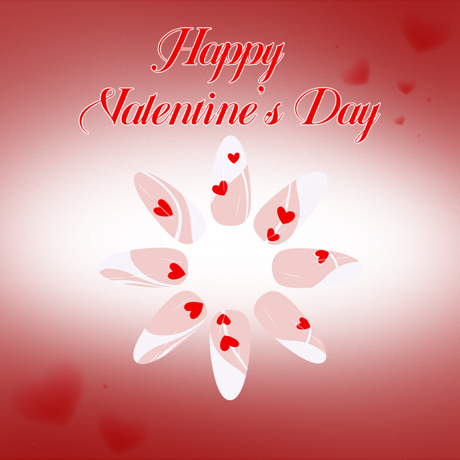 Romantic Heartfelt Long Almond Pink Press-On Nail Set with Dazzling Red Heart Accents