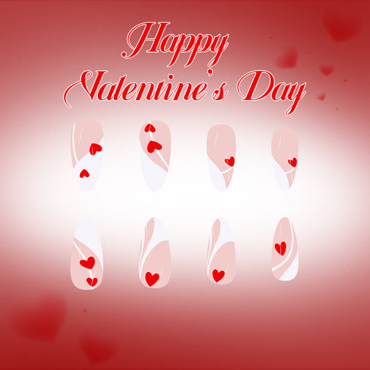 Romantic Bliss Long Almond Red and White Heart Designed Press On Nail Set