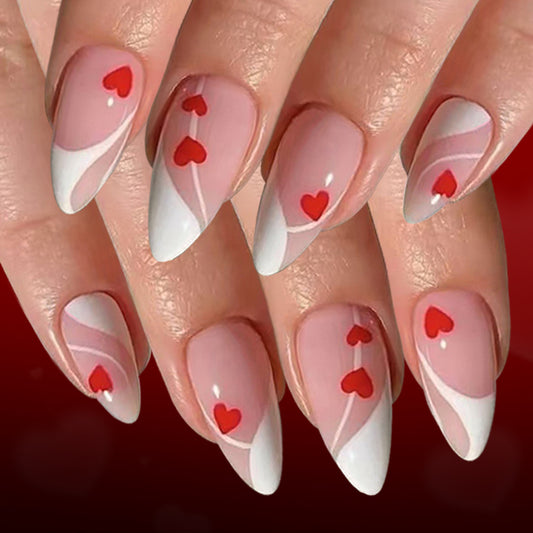 Romantic Elegance Long Almond Pink White Heart Accent Press On Nail Set