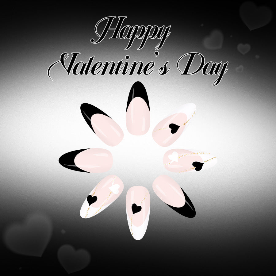 Romantic Elegance Long Almond Pink and Black with Heart Design Press On Nail Set