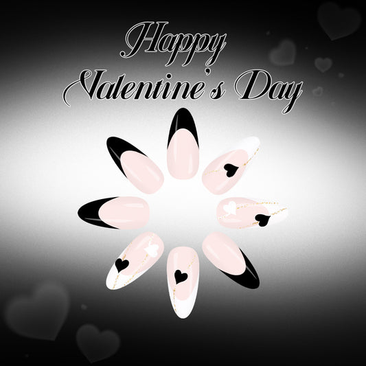 Romantic Elegance Long Almond Pink and Black with Heart Design Press On Nail Set
