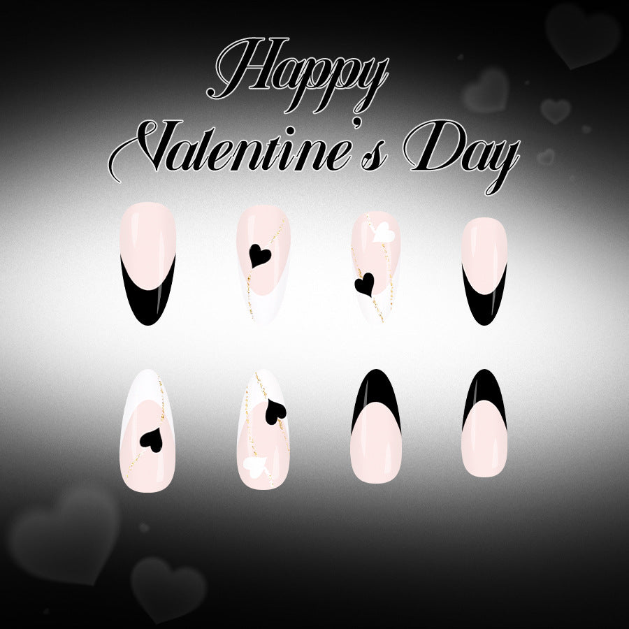 Romantic Elegance Long Almond Blush Pink with Black Contrast and Heart Accents Press on Nail Set