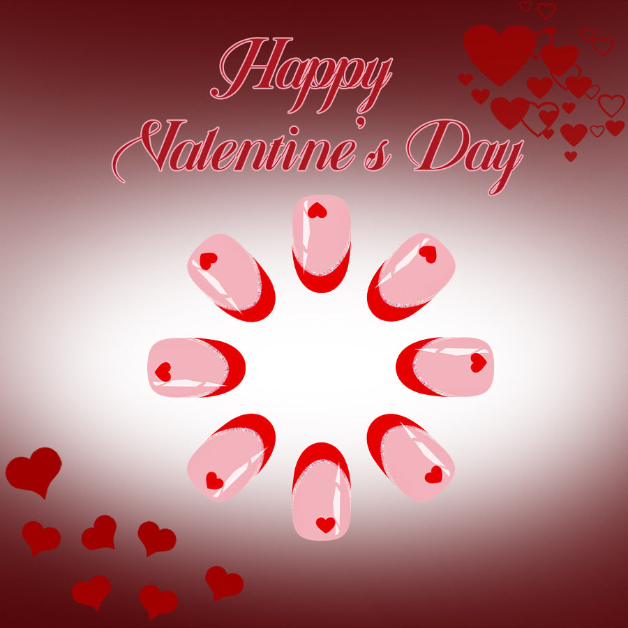 Romantic Heartbeat Short Round Pink and Red Gradient Nails with Heart Accent