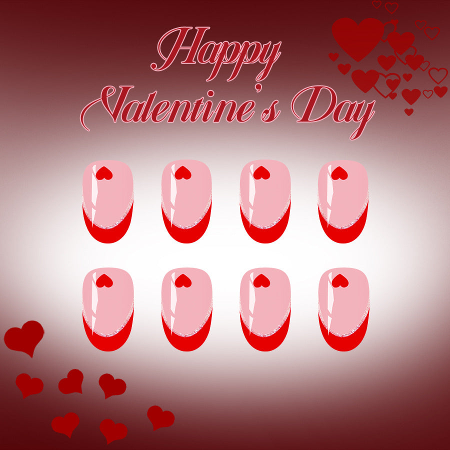 Romantic Hearts Short Round Pink and Red Press On Nail Set with Glitter Accents