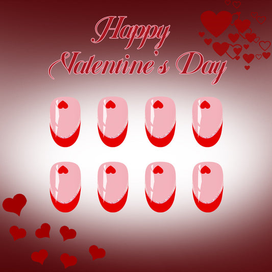 Romantic Hearts Short Round Pink and Red Press On Nail Set with Glitter Accents