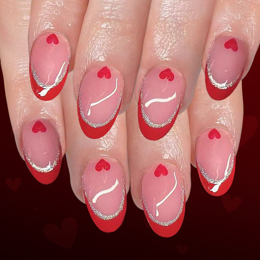 Romantic Heart Theme Short Round Red and Pink Gradient with Glitter Detailing Press On Nail Set