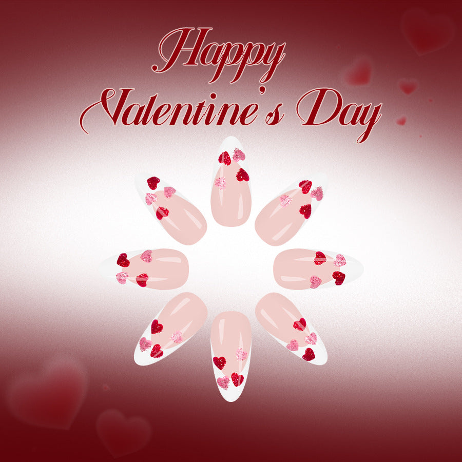 Romantic Heartfelt Long Almond Pink and White Nail Set with Sparkling Heart Accents