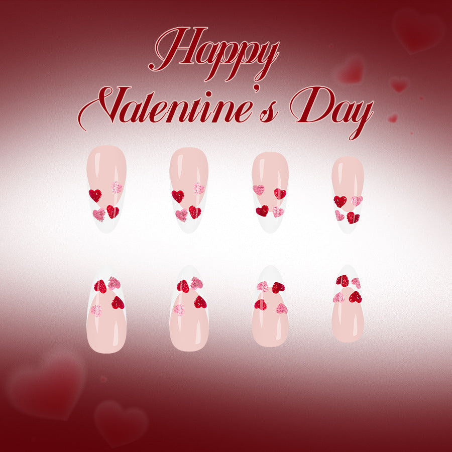 Romantic Heartfelt Glamour Long Almond Pink with Glittering Heart Accents Press On Nail Set
