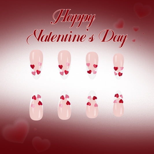 Romantic Heartfelt Glamour Long Almond Pink with Glittering Heart Accents Press On Nail Set